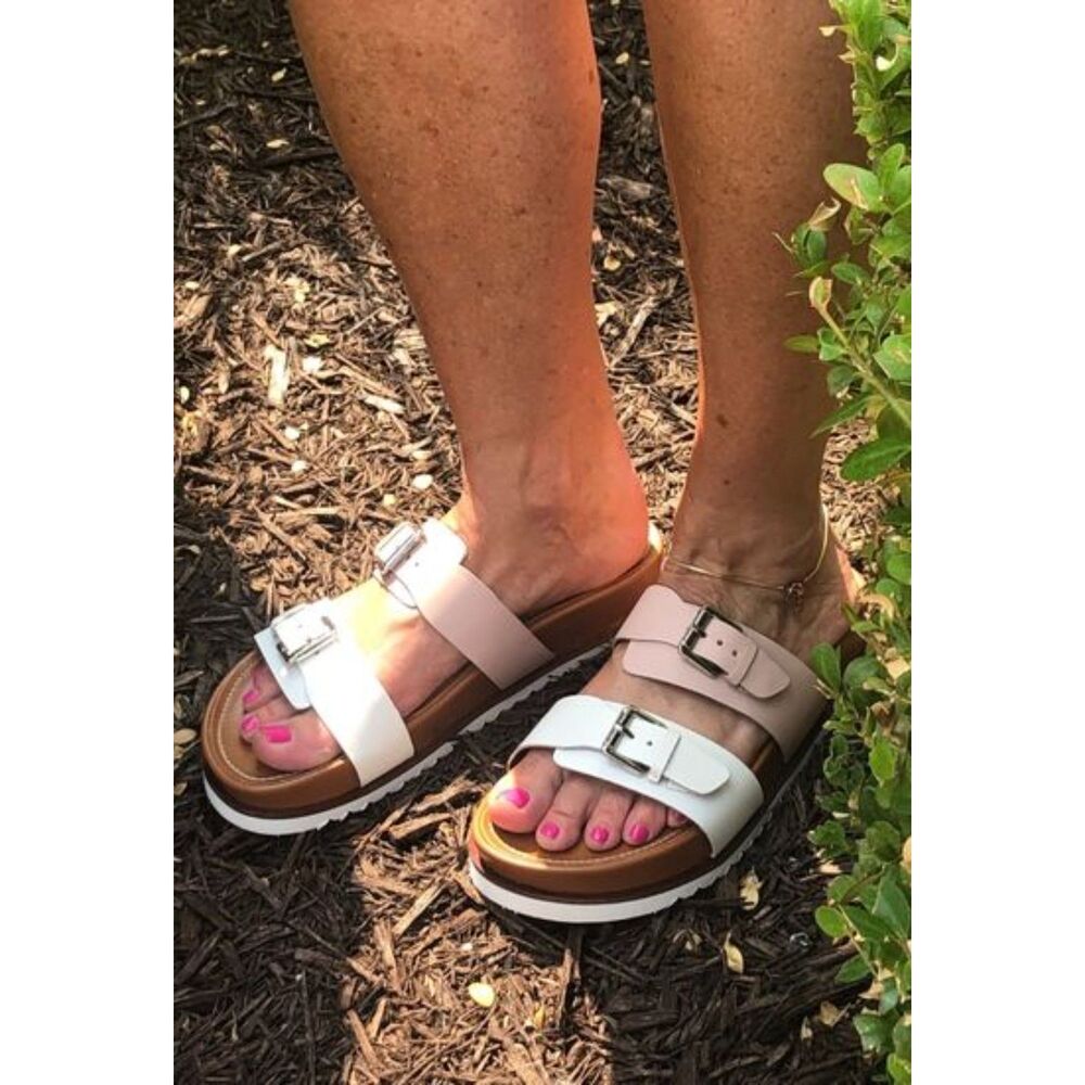 Diba True Nordstrom Carol Bee White & Pink Leather Slide Sandals, Size 8.5 NWB